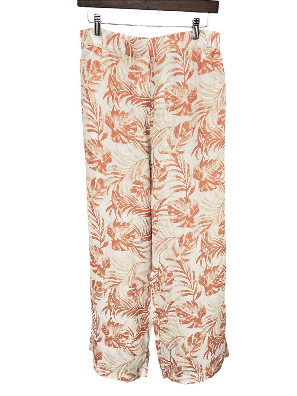 Charlie Paige Tropical Leaf Wide Leg Cropped Pants Viscose, Cream/Coral, Medium